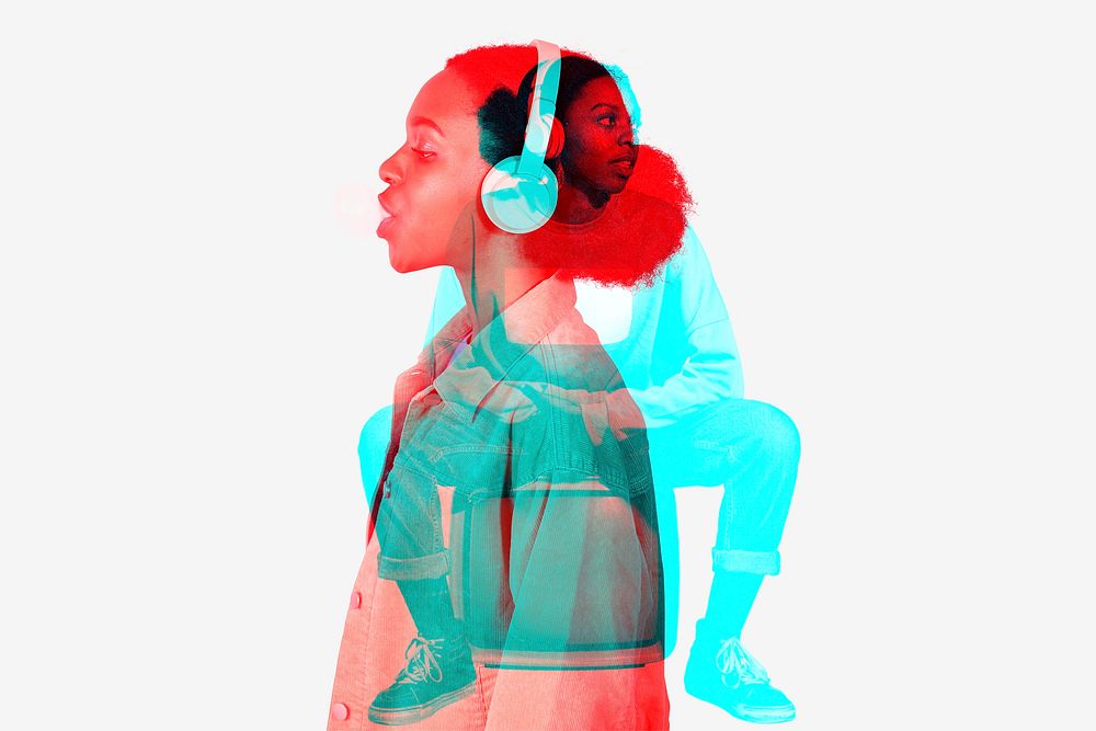 Woman listening to music psd in double color exposure effect