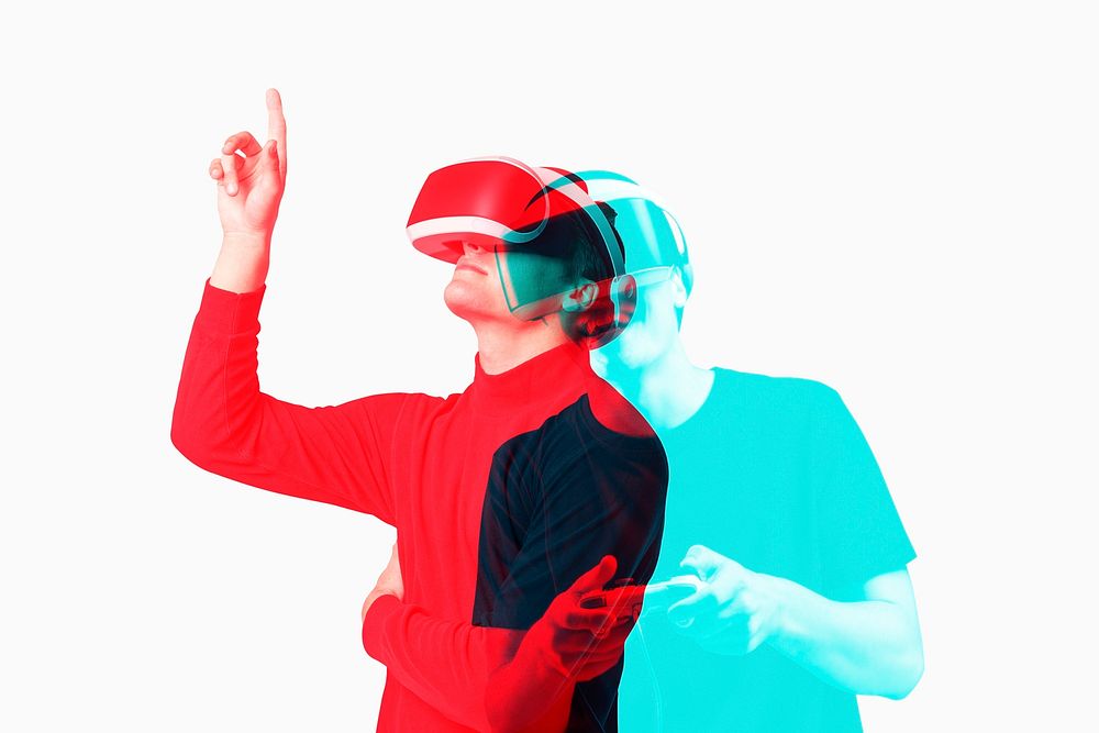 Man wearing VR headset psd smart technology in double color exposure effect