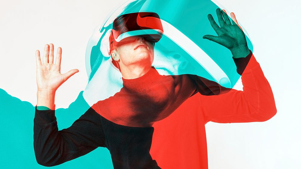 Man wearing VR headset smart technology in double color exposure effect
