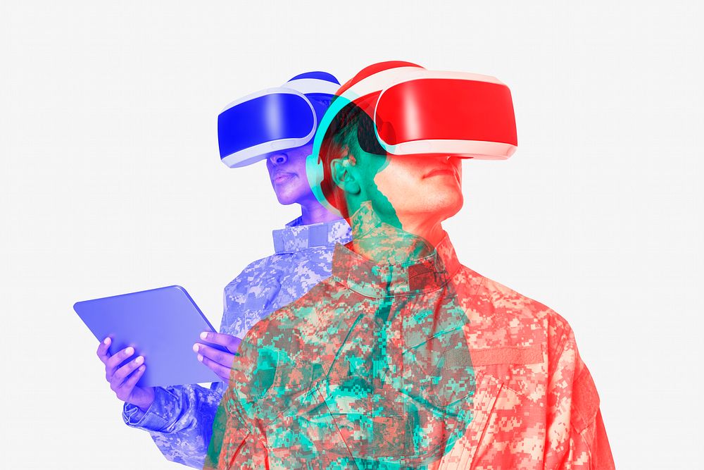 Female military experiencing metaverse, wearing VR headset army technology in double color exposure effect