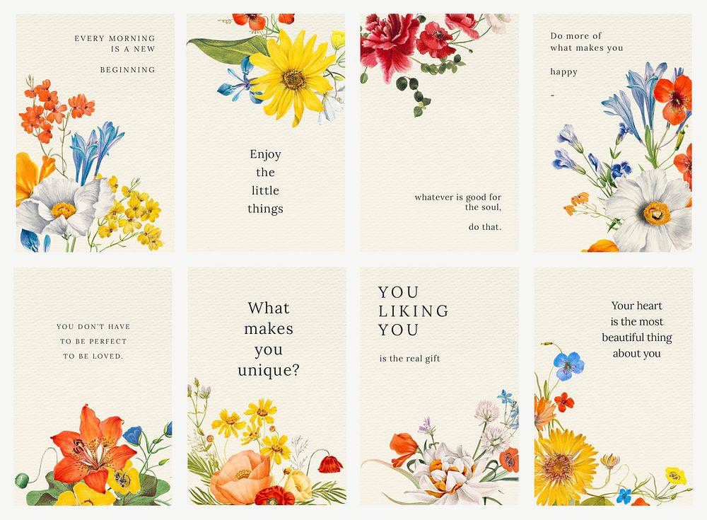 Vintage floral quote template psd illustration set, remixed from public domain artworks