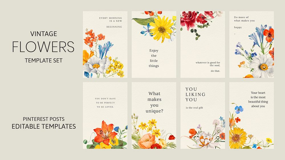 Spring floral quote template psd set, remixed from public domain artworks