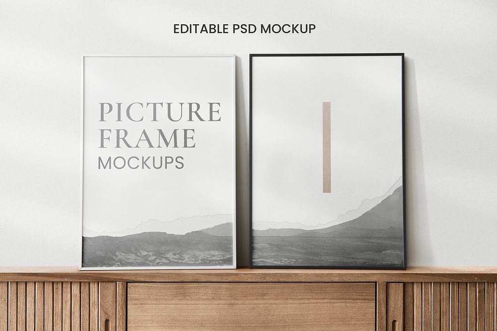 Frames mockup on wooden sideboard table psd