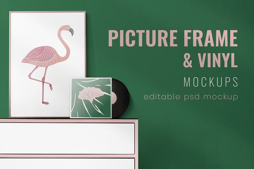 Frame and vinyl mockup psd with flamingo and ginkgo