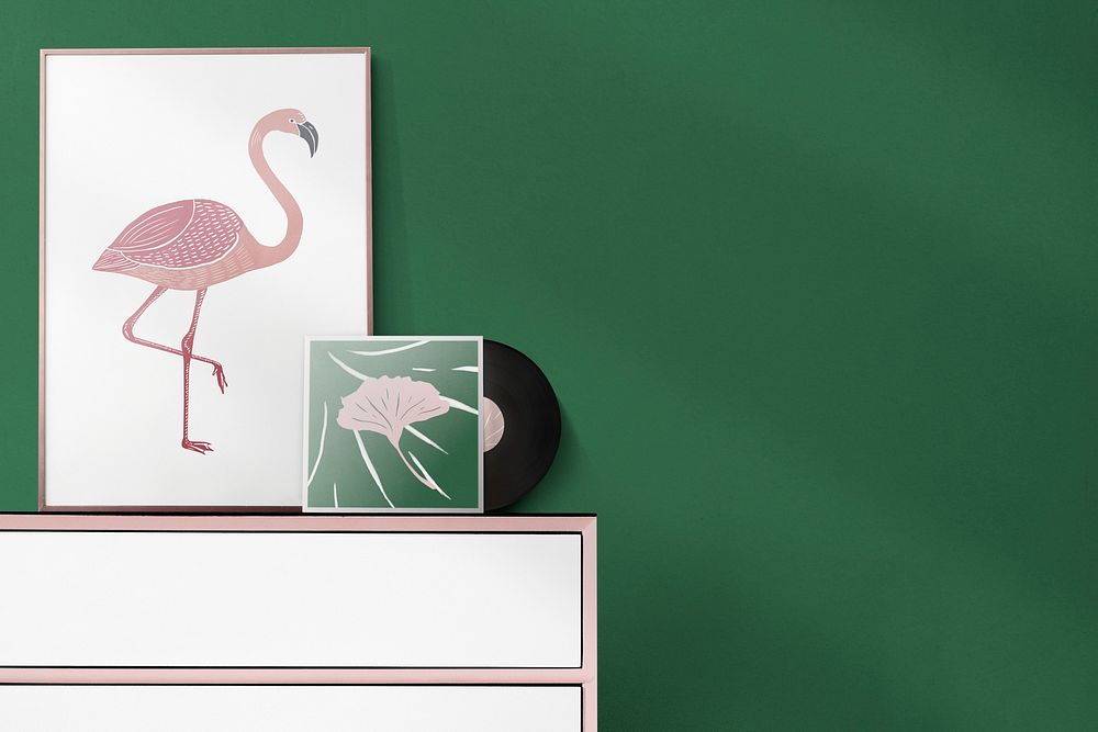 Frame and vinyl mockup psd with flamingo and ginkgo