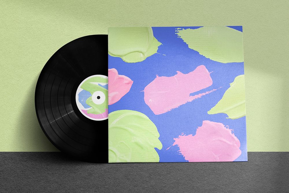 Vinyl record cover mockup psd in colorful acrylic paint style