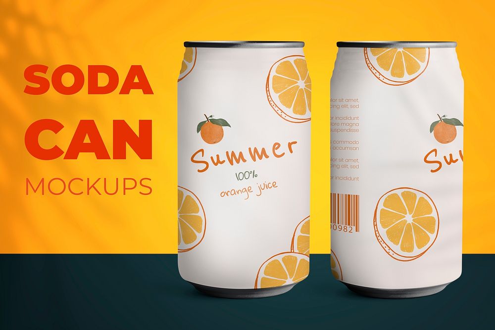 Soda cans mockup psd with summer tropical citrus pattern 