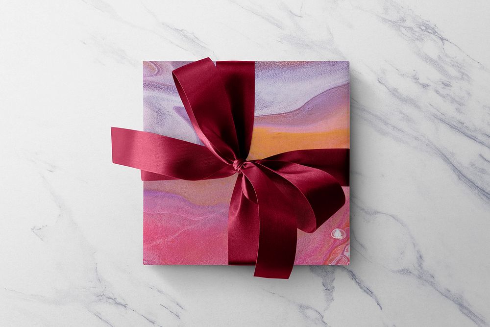 Marble gift box mockup psd in pink with ribbon DIY experimental art