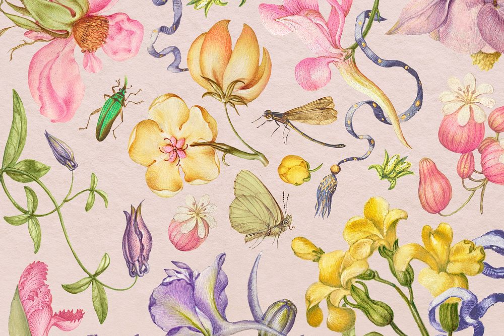 Colorful vintage floral pattern on pink background