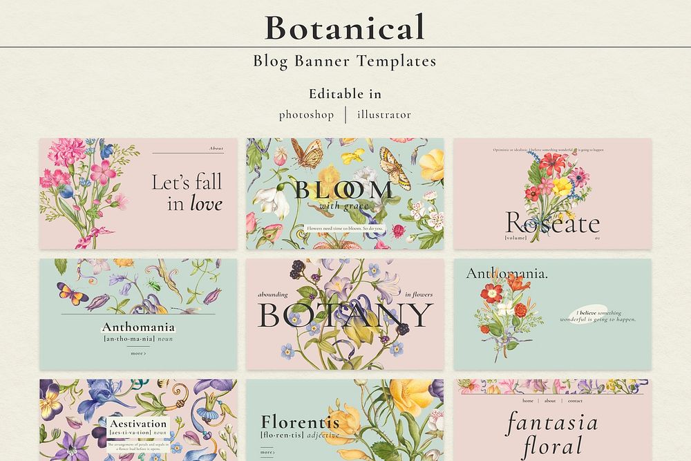 Editable aesthetic floral template psd blog banner set