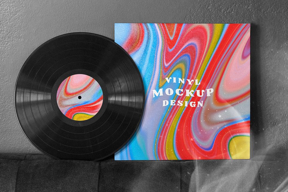 Vinyl cover mockup psd with fluid art pattern