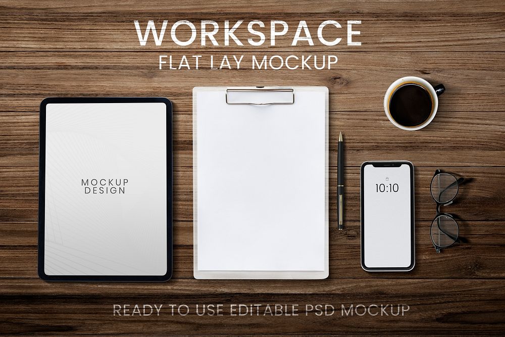 Tablet phone screen mockup psd work space and digital device flat lay