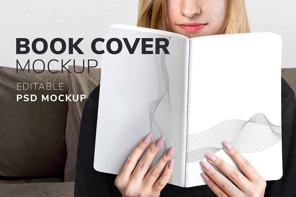 Book cover mockup psd with woman reading