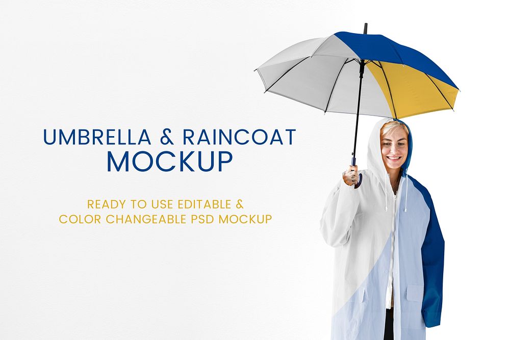 Umbrella and raincoat mockup psd for rainy season apparel