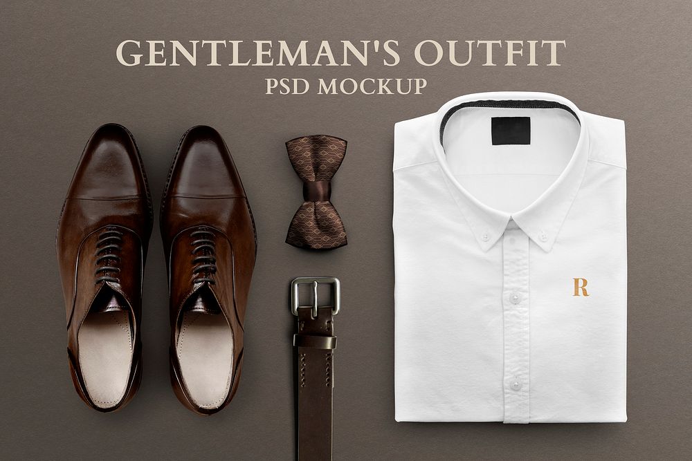 Men&rsquo;s formal outfit mockup psd folded shirt belt and leather shoes