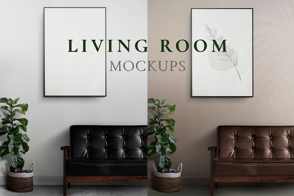 Picture frame sofa mockup psd on the living room wall