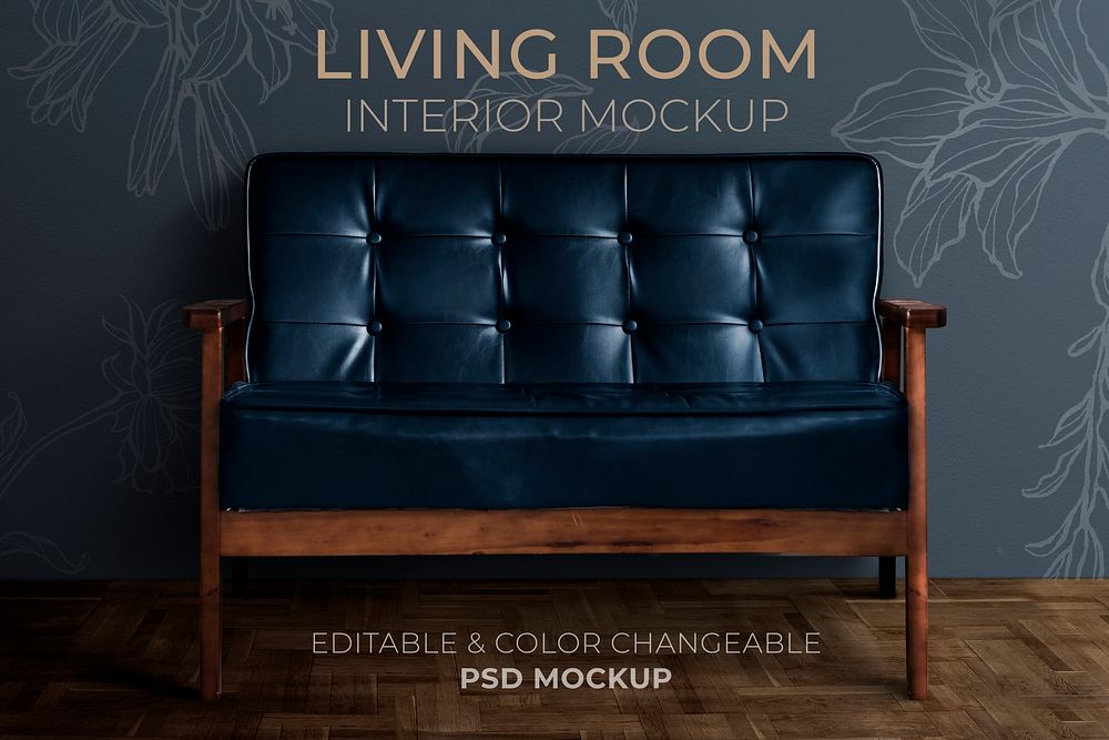 Black leather sofa mockup psd in the living room