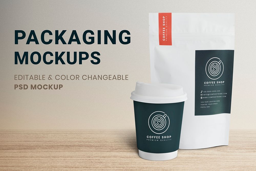 Coffee cup mockup psd with packaging bag