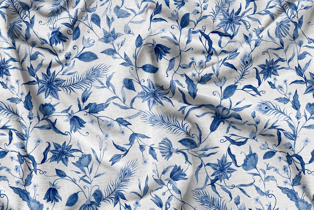 Blue floral pattern silky fabric