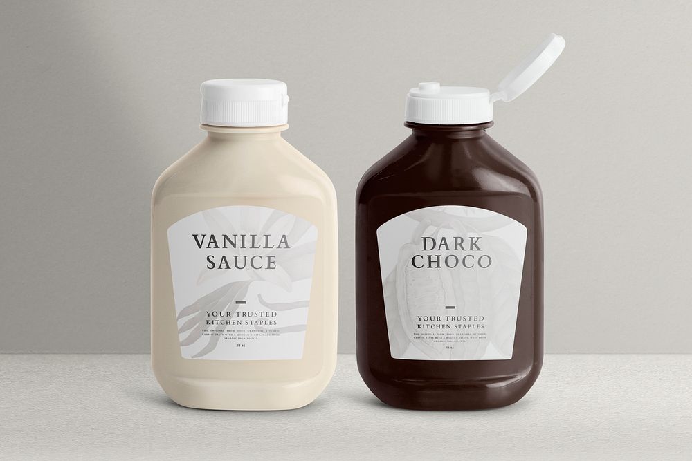 Pantry staple bottle mockup psd with labels
