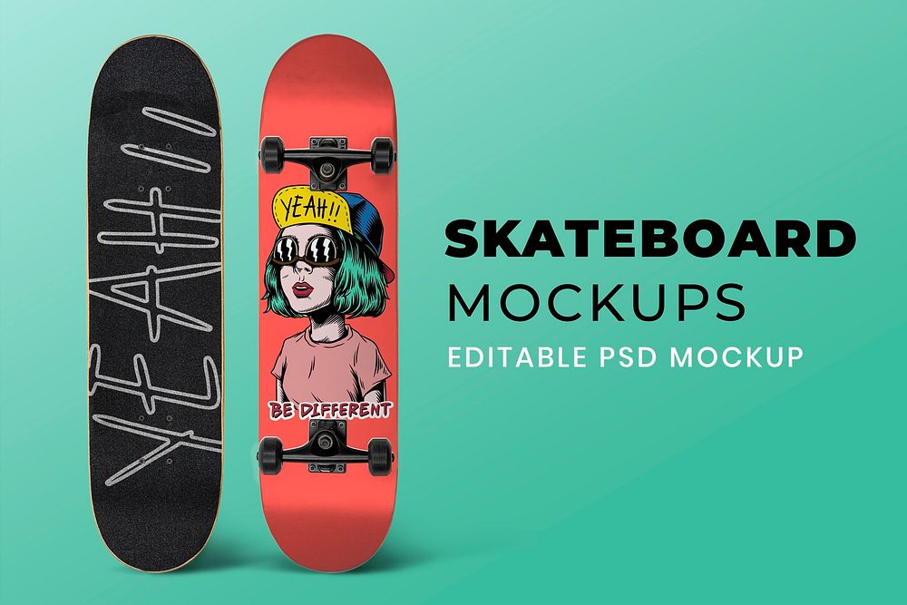 Skateboard mockup psd with cool design sport equipment