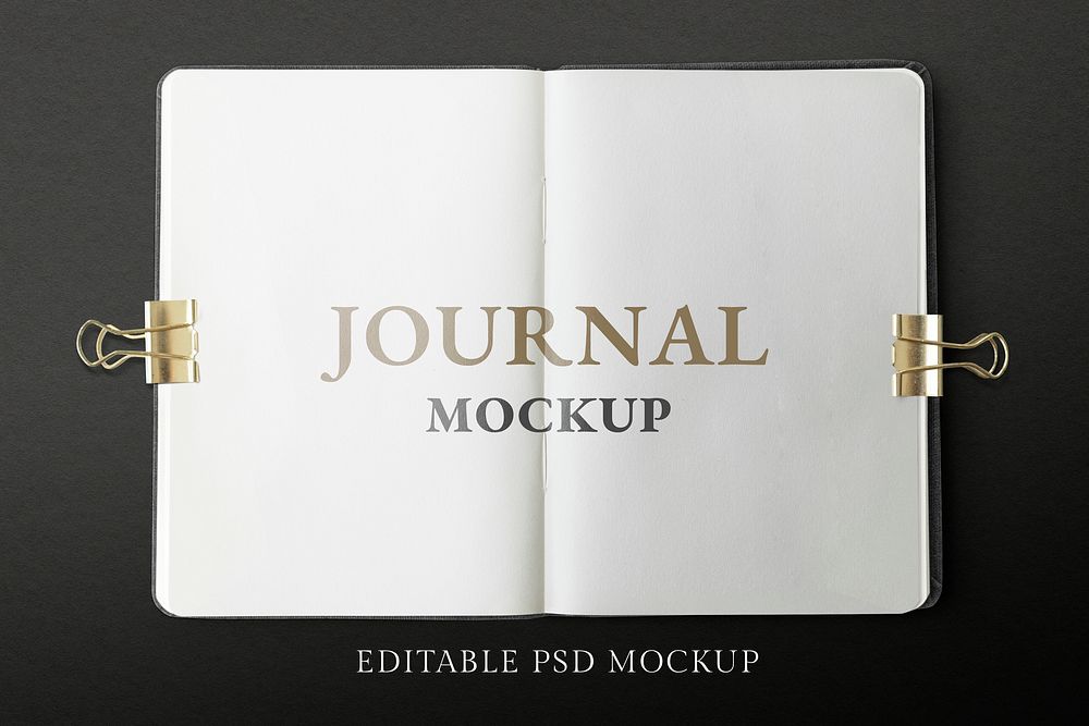 Opened journal pages mockup psd on black background