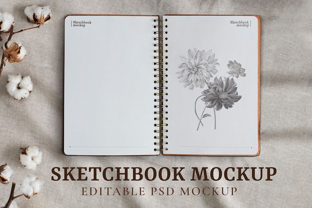 Opened sketchbook pages mockup psd on floral background