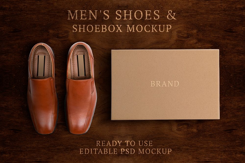 Men&rsquo;s leather shoes mockup psd with paper box business fashion