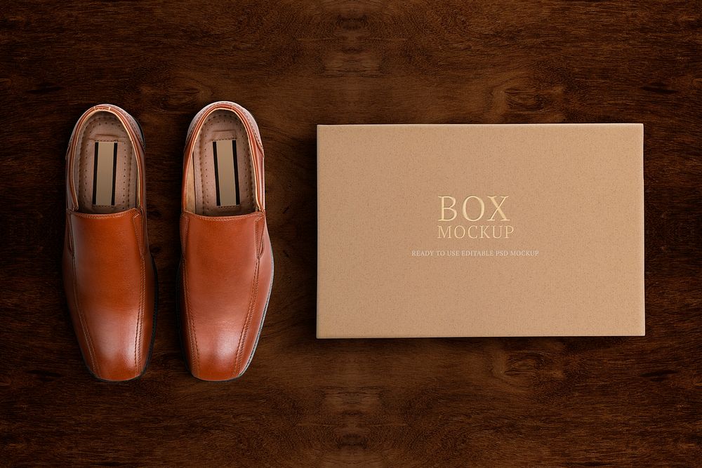 Men&rsquo;s leather shoes mockup psd with paper box business fashion