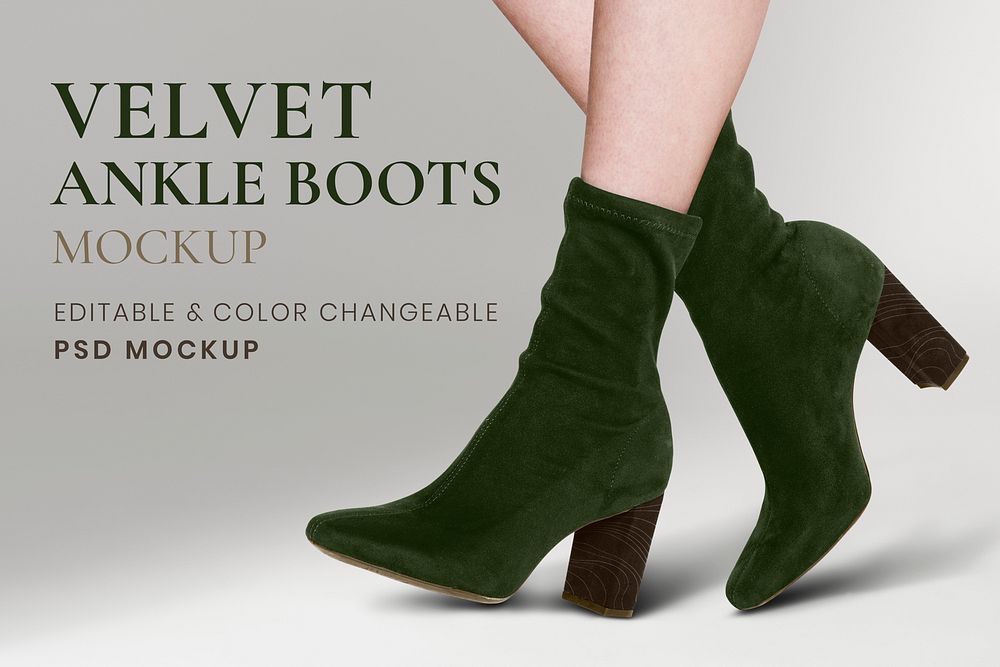 Velvet ankle boots mockup psd with heels women&rsquo;s fashion