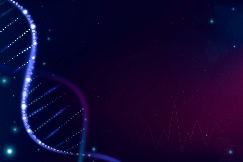 DNA biotechnology science background psd in purple futuristic style with blank space