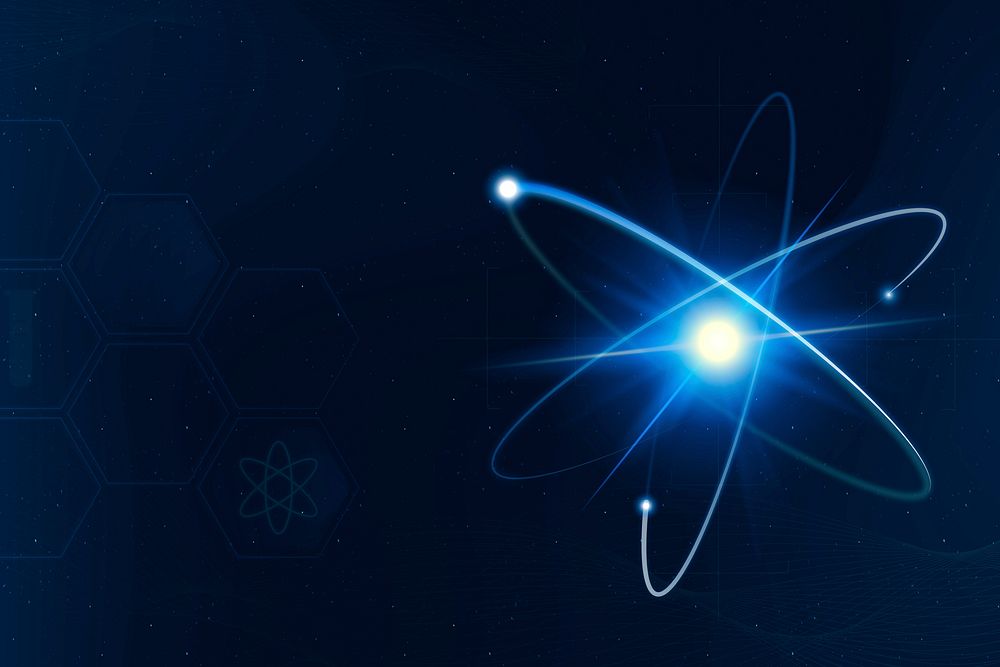 Atomic science technology background psd border in blue neon style with blank space