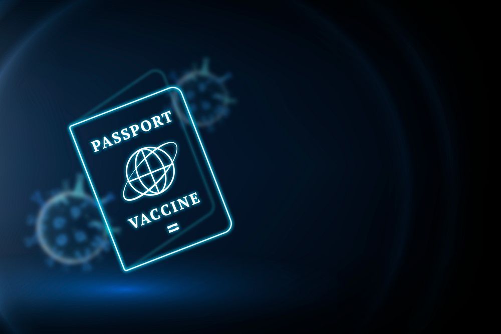 Covid-19 vaccine passport border psd smart technology background in blue