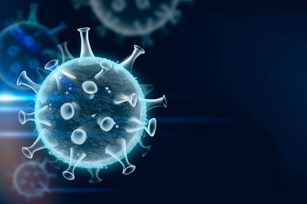 Covid-19 virus cell psd border background in neon blue with blank space