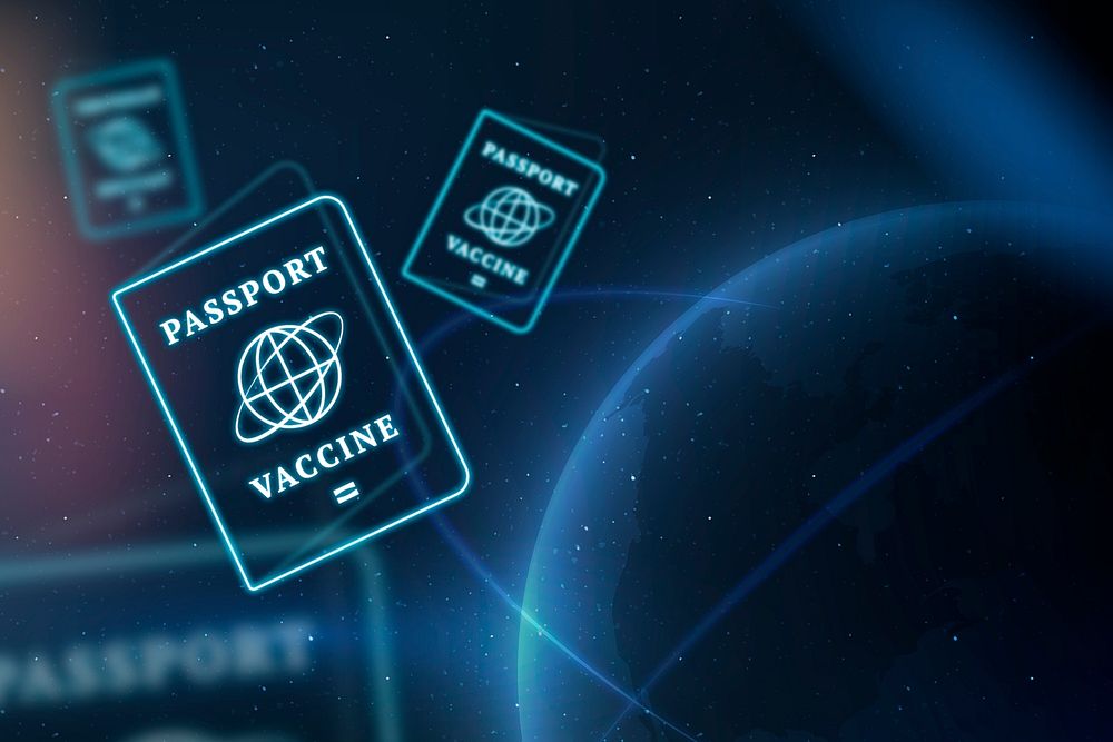Covid-19 vaccine passport border psd smart technology background in blue