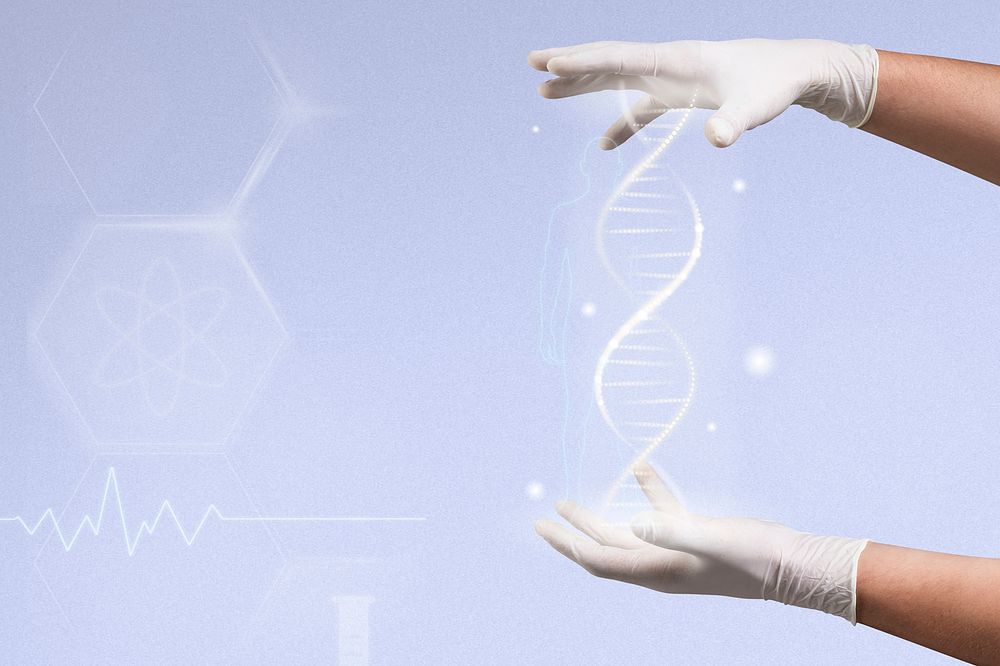 DNA genetic engineering biotechnology with scientist&rsquo;s hands disruptive technology remix