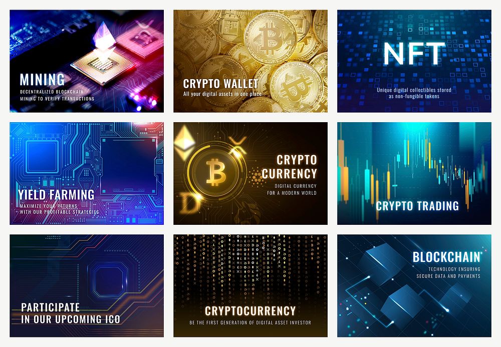 Cryptocurrency open-source blockchain template vector digital finance blog banner collection