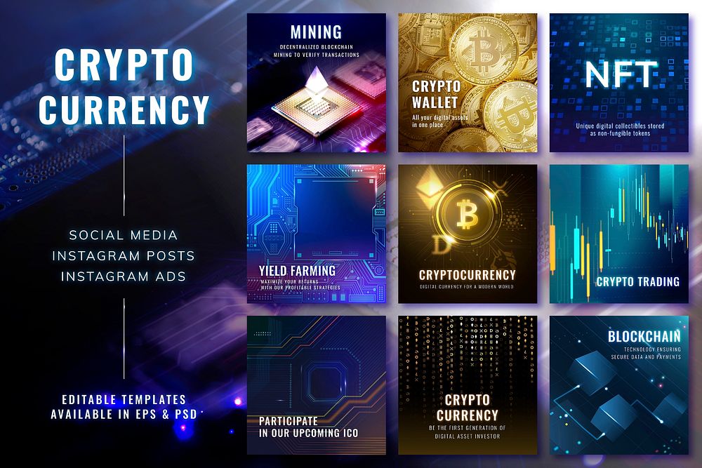 Cryptocurrency open-source blockchain template vector digital finance social media post collection