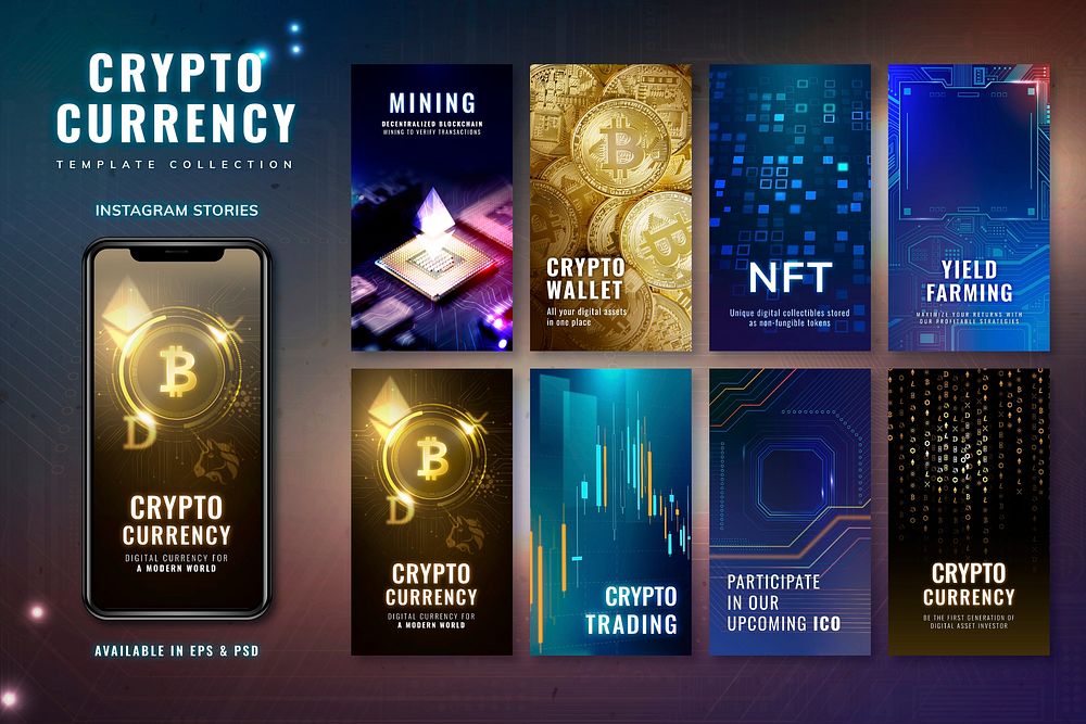 Cryptocurrency open-source blockchain template vector digital finance social media story set