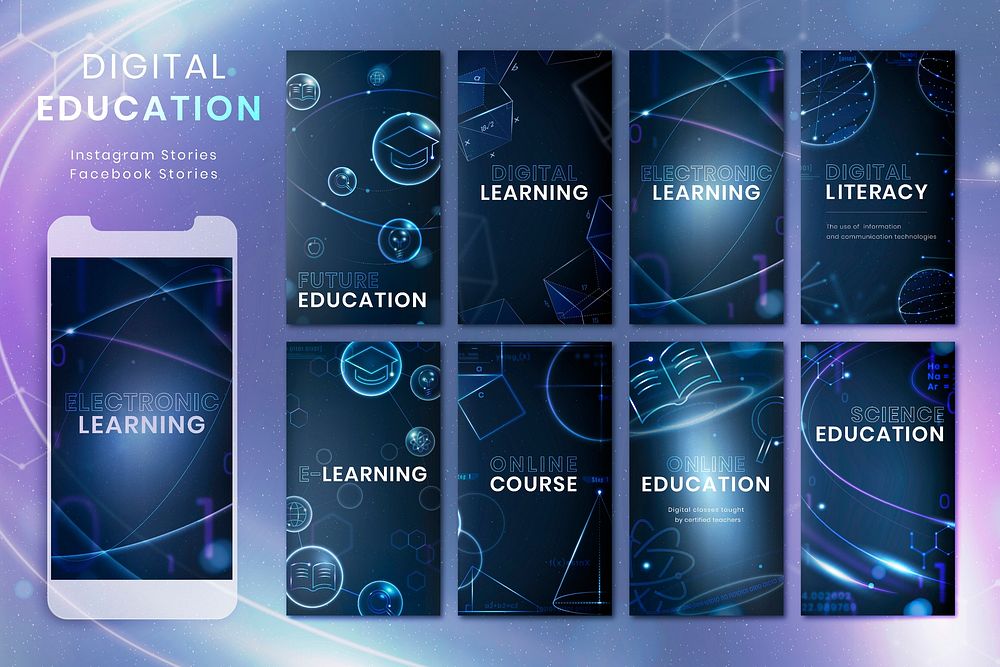 Futuristic education technology template vector social media story set