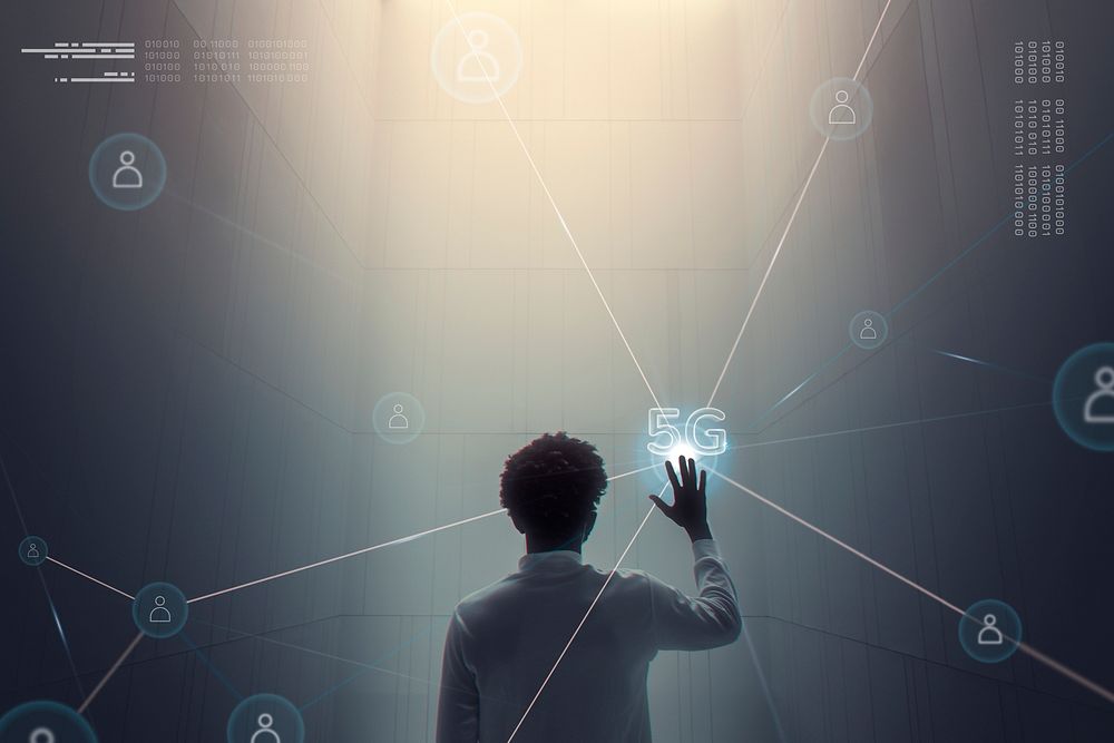 5G connection technology background psd with man using futuristic virtual screen digital remix