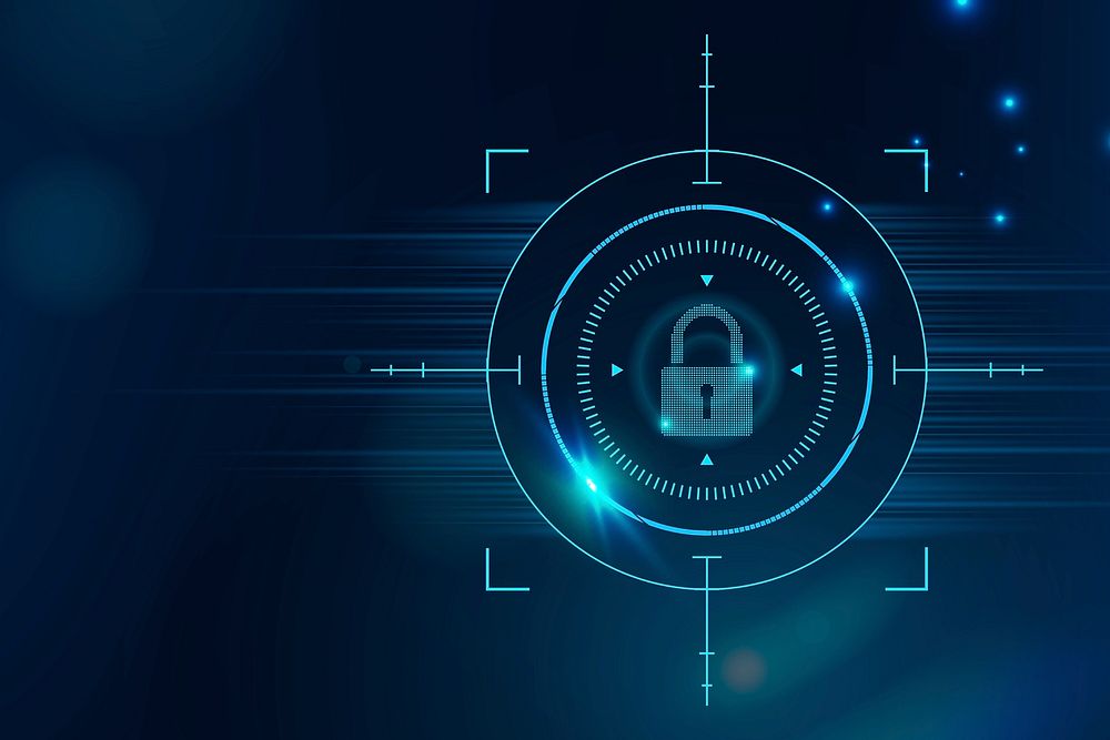 Cyber security technology background psd with data lock icon in blue tone