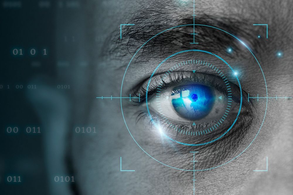 Retinal biometrics technology background psd with man&rsquo;s eye digital remix