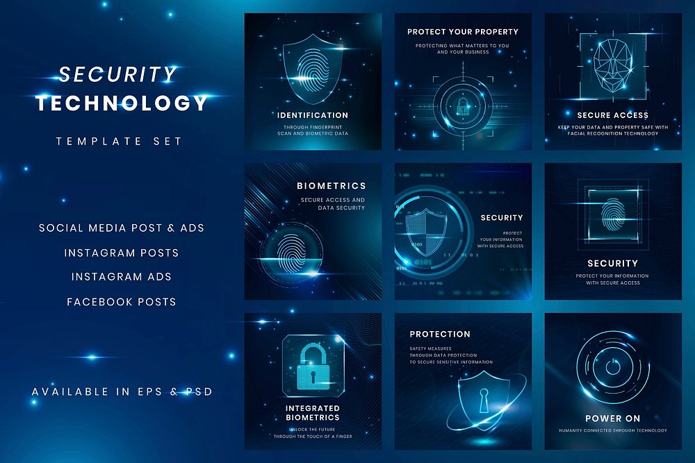 Security technology template vector set for social media post compatible with AI