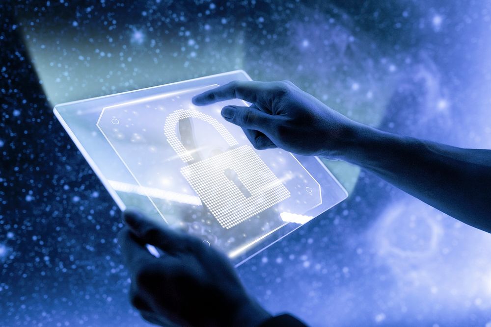 Data security technology background psd with lock icon on transparent tablet digital remix