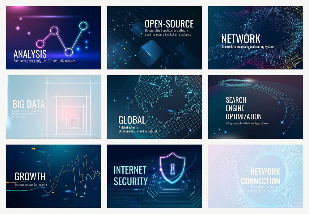 Data visualization technology template vector compatible with AI set