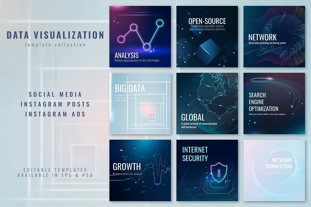 Data visualization technology template vector compatible with AI set