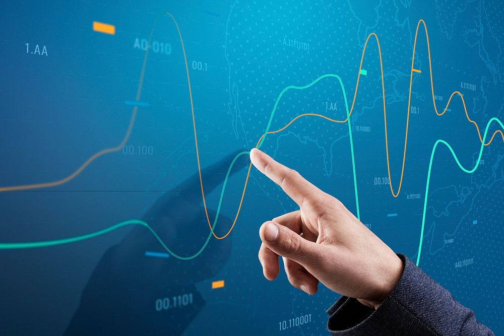 Technology background psd with hand pointing at global stock chart