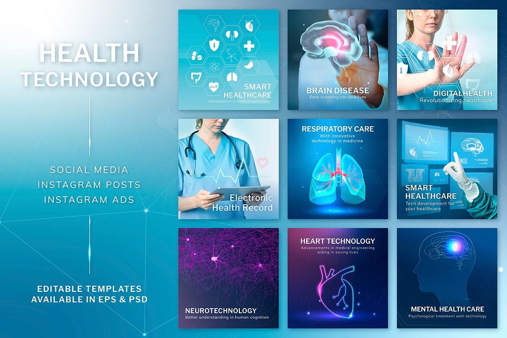Healthcare technology editable template vector digital remix compatible with AI set