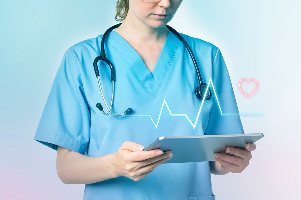 Female doctor psd mockup using tablet medical technology